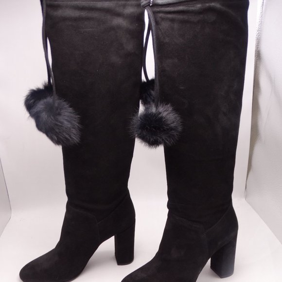 MICHAEL KORS MK Remi Suede Rabbit Fur Pom Pom Block Heel New In Box Size 8 - Picture 3 of 6